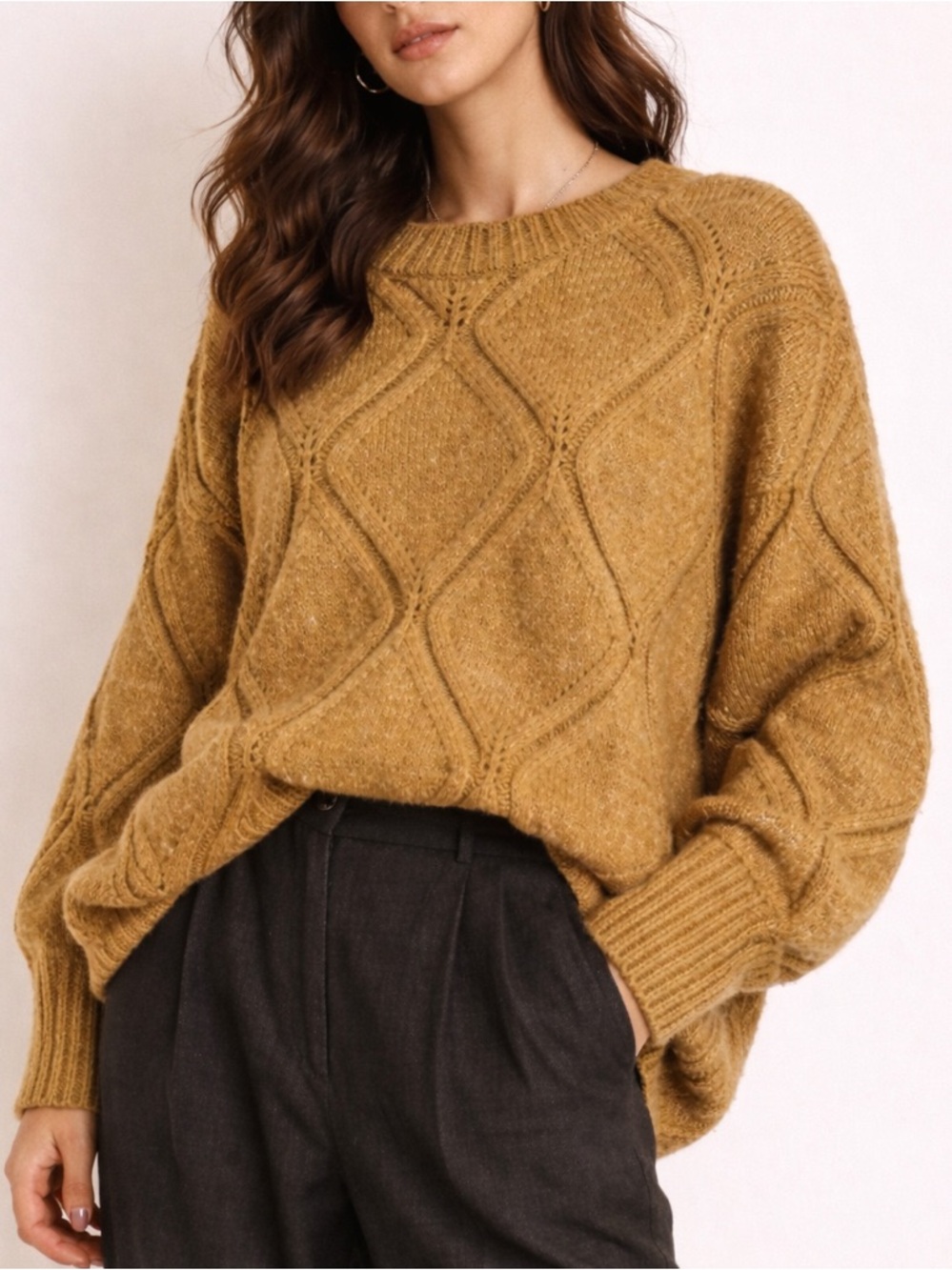 Anthropologie X ICHI Diamond Cable Knit Sweater Chunky Oversized Mustard Sz M - Picture 1 of 14